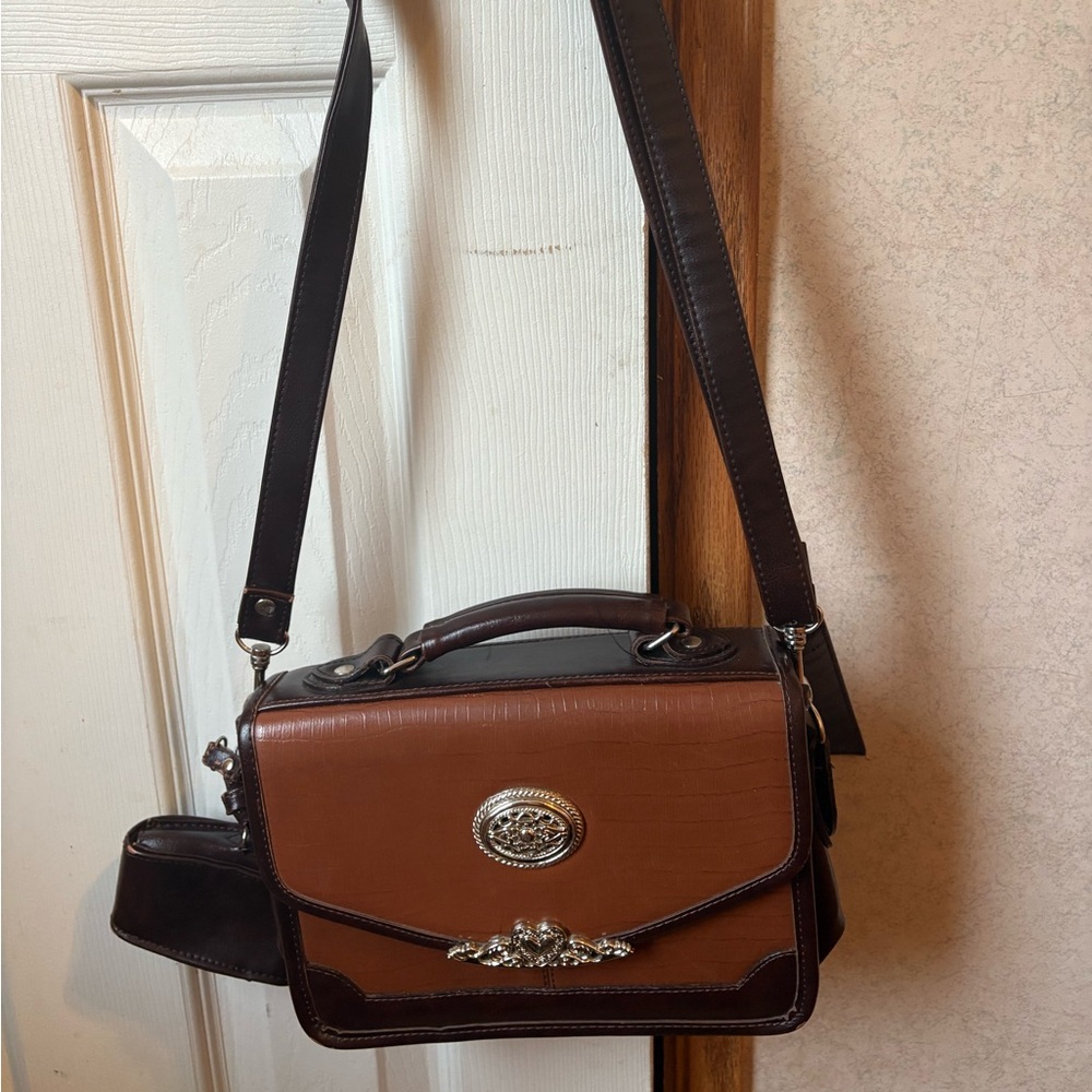 Vintage Leather Crossbody Western Purse With Silvertone Hardware